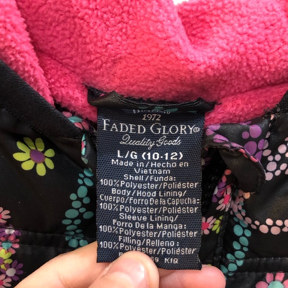 Faded Glory Girls Floral Peace Sign Puffer Lined Hooded Winter Snow Jacket Coat - Picture 6 of 7